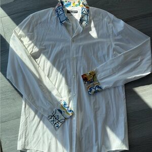 Dolce & Gabbana White Dress Shirt with Blue, Yellow & Red Patterned Trim